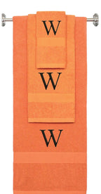 Orange monogrammed towel set with Black thread, Times New Roman font, initial W - 540 GSM cotton 3-piece