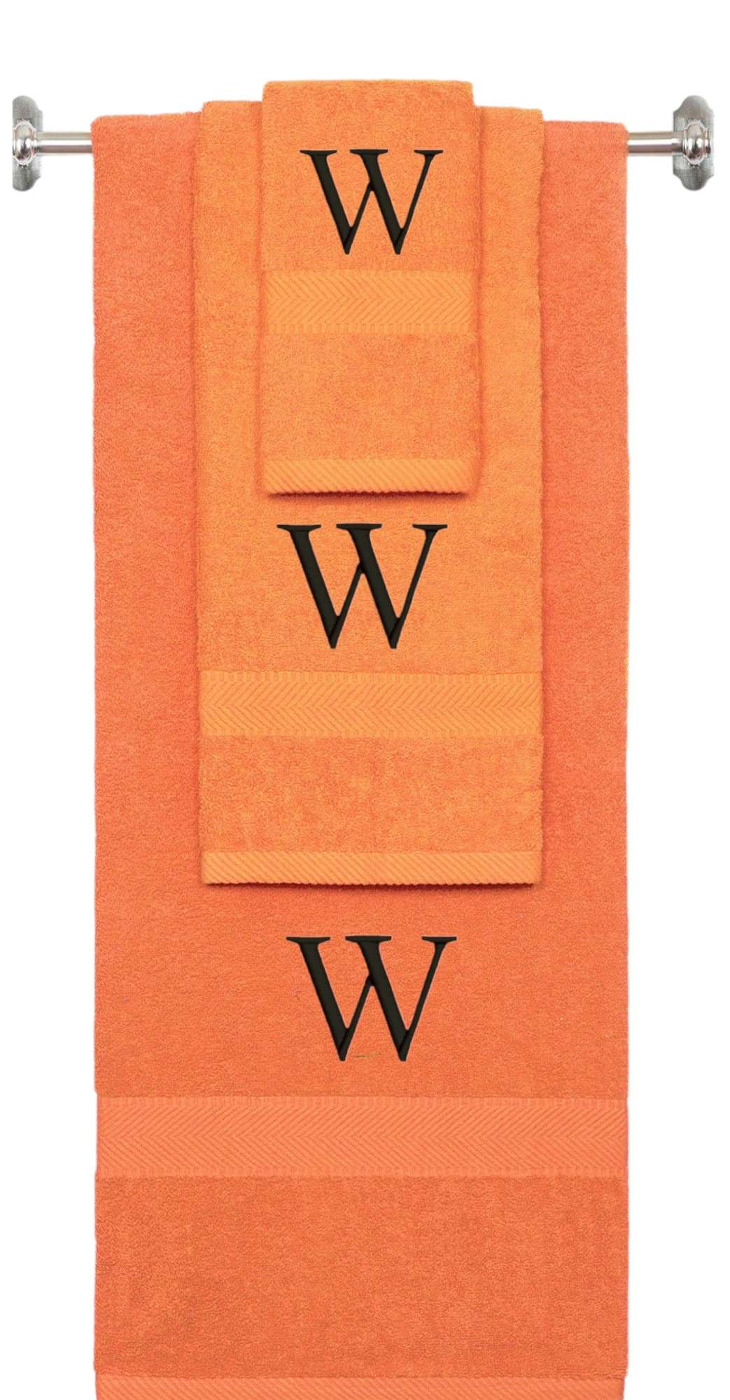 Orange monogrammed towel set with Black thread, Times New Roman font, initial W - 540 GSM cotton 3-piece