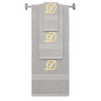 Silver monogrammed towel set with Gold thread, Diana Script font, initial D - 540 GSM cotton 3-piece