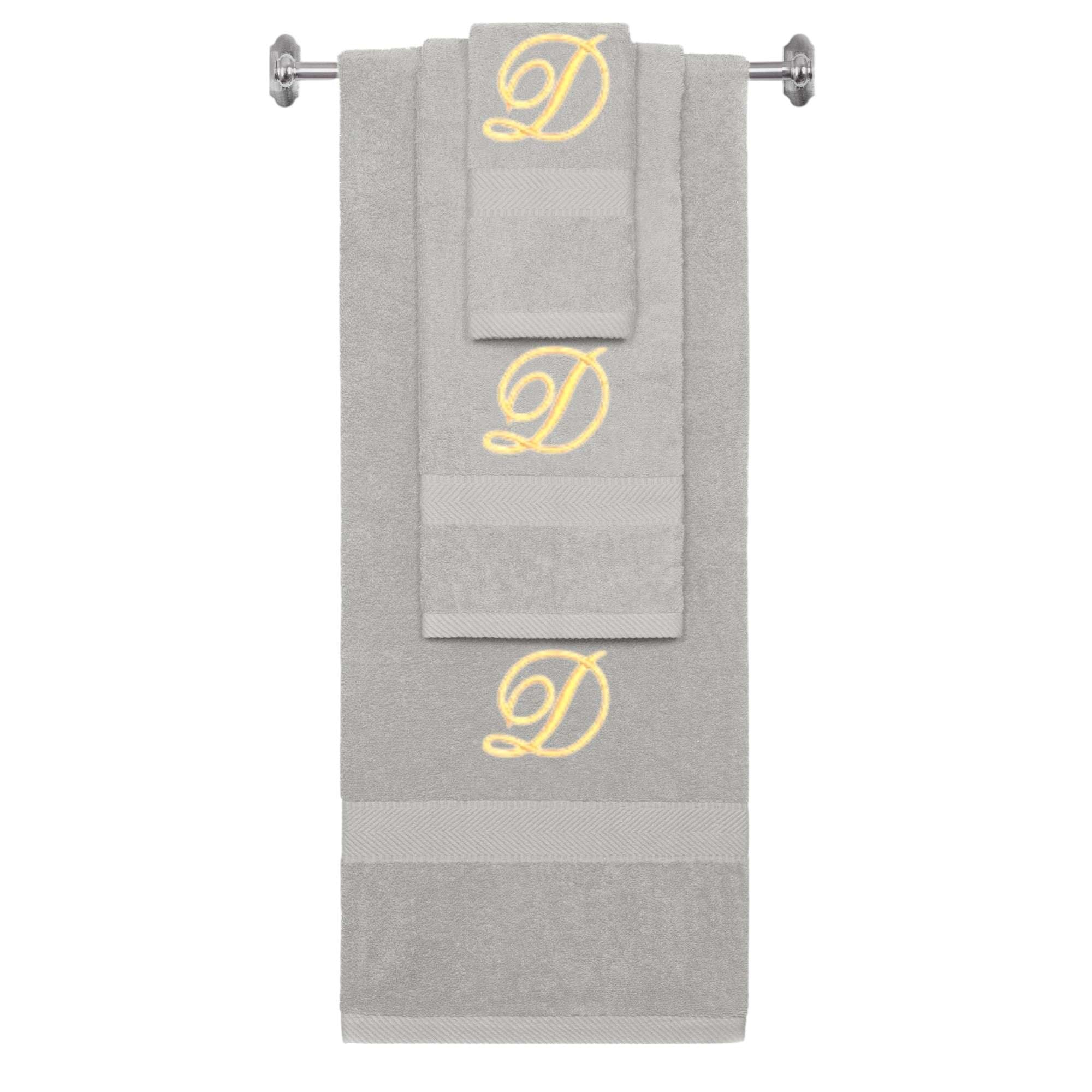 Silver monogrammed towel set with Gold thread, Diana Script font, initial D - 540 GSM cotton 3-piece