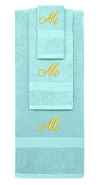 Nautical Teal monogrammed towel set with Gold thread, Diana Script font, initial M - 540 GSM cotton 3-piece