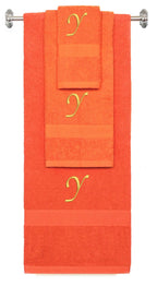 Orange monogrammed towel set with Gold thread, Chancery font, initial Y - 540 GSM cotton 3-piece