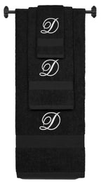 Black monogrammed towel set with Silver thread, Diana Script font, initial D - 540 GSM cotton 3-piece