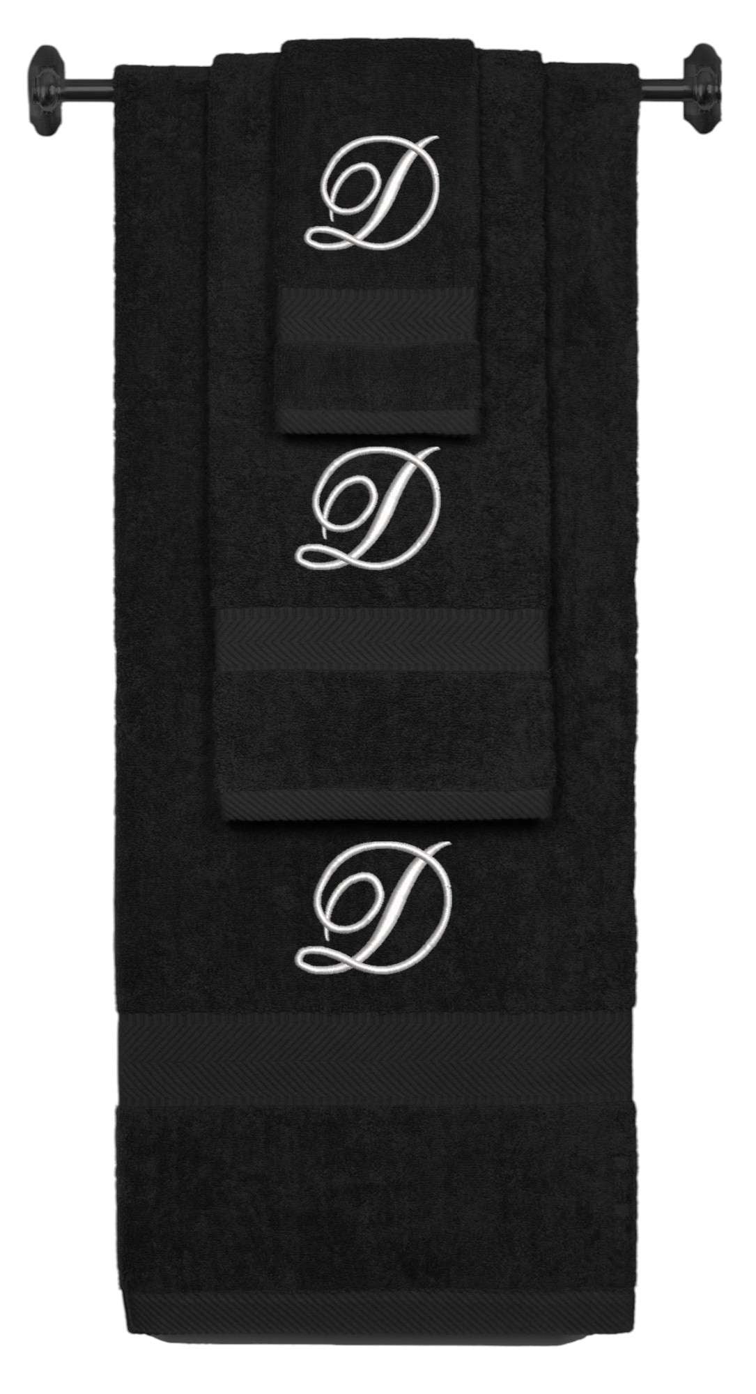 Black monogrammed towel set with Silver thread, Diana Script font, initial D - 540 GSM cotton 3-piece