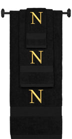 Black monogrammed towel set with Gold thread, Times New Roman font, initial N - 540 GSM cotton 3-piece