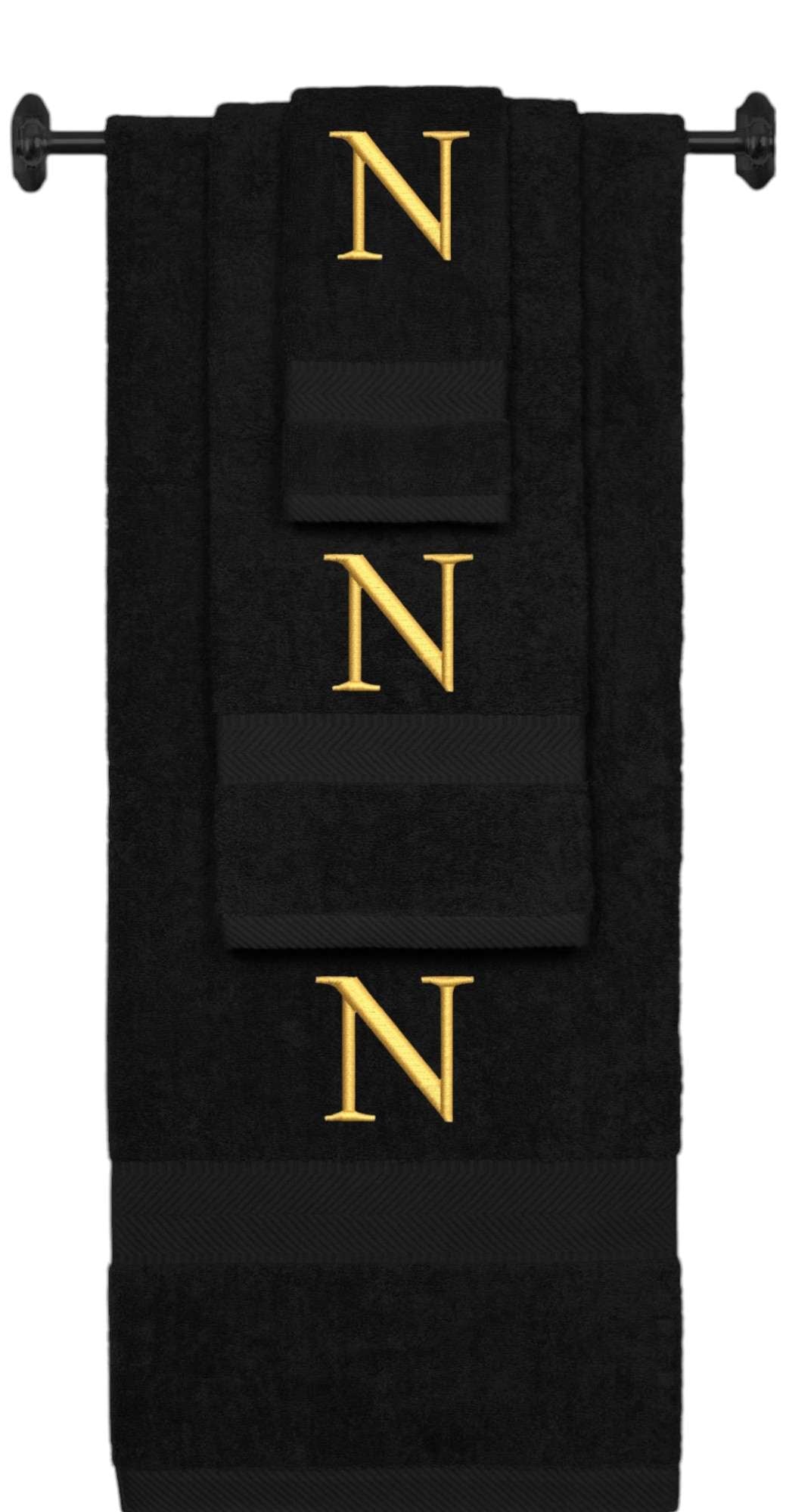 Black monogrammed towel set with Gold thread, Times New Roman font, initial N - 540 GSM cotton 3-piece