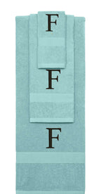 Nautical Teal monogrammed towel set with Black thread, Times New Roman font, initial F - 540 GSM cotton 3-piece