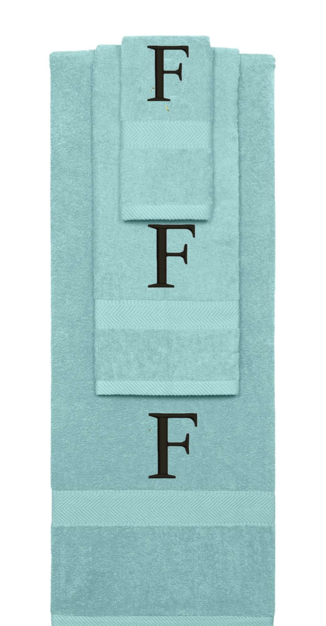Nautical Teal monogrammed towel set with Black thread, Times New Roman font, initial F - 540 GSM cotton 3-piece