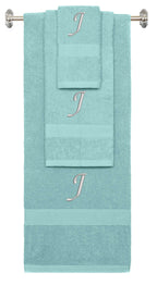 Nautical Teal monogrammed towel set with Silver thread, Chancery font, initial J - 540 GSM cotton 3-piece