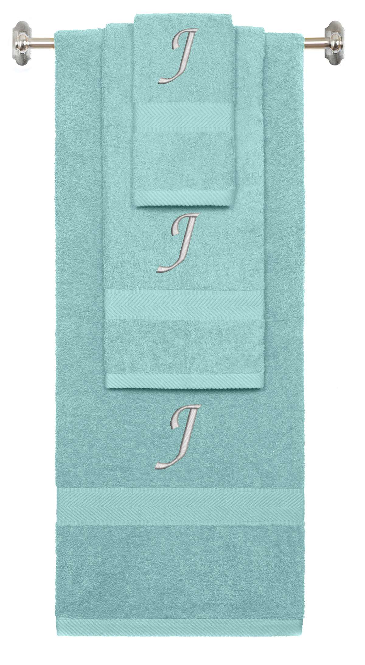 Nautical Teal monogrammed towel set with Silver thread, Chancery font, initial J - 540 GSM cotton 3-piece