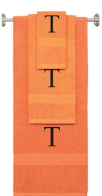 Orange monogrammed towel set with Black thread, Times New Roman font, initial T - 540 GSM cotton 3-piece