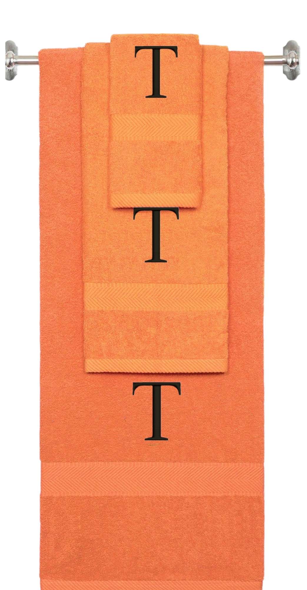 Orange monogrammed towel set with Black thread, Times New Roman font, initial T - 540 GSM cotton 3-piece