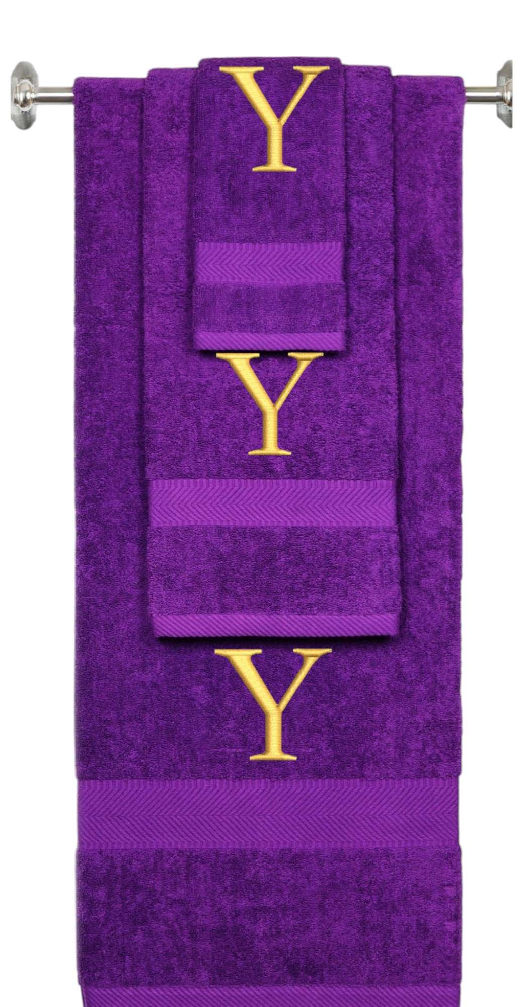 Purple monogrammed towel set with Gold thread, Times New Roman font, initial Y - 540 GSM cotton 3-piece