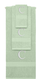 Mint Green monogrammed towel set with Silver thread, Times New Roman font, initial C - 540 GSM cotton 3-piece