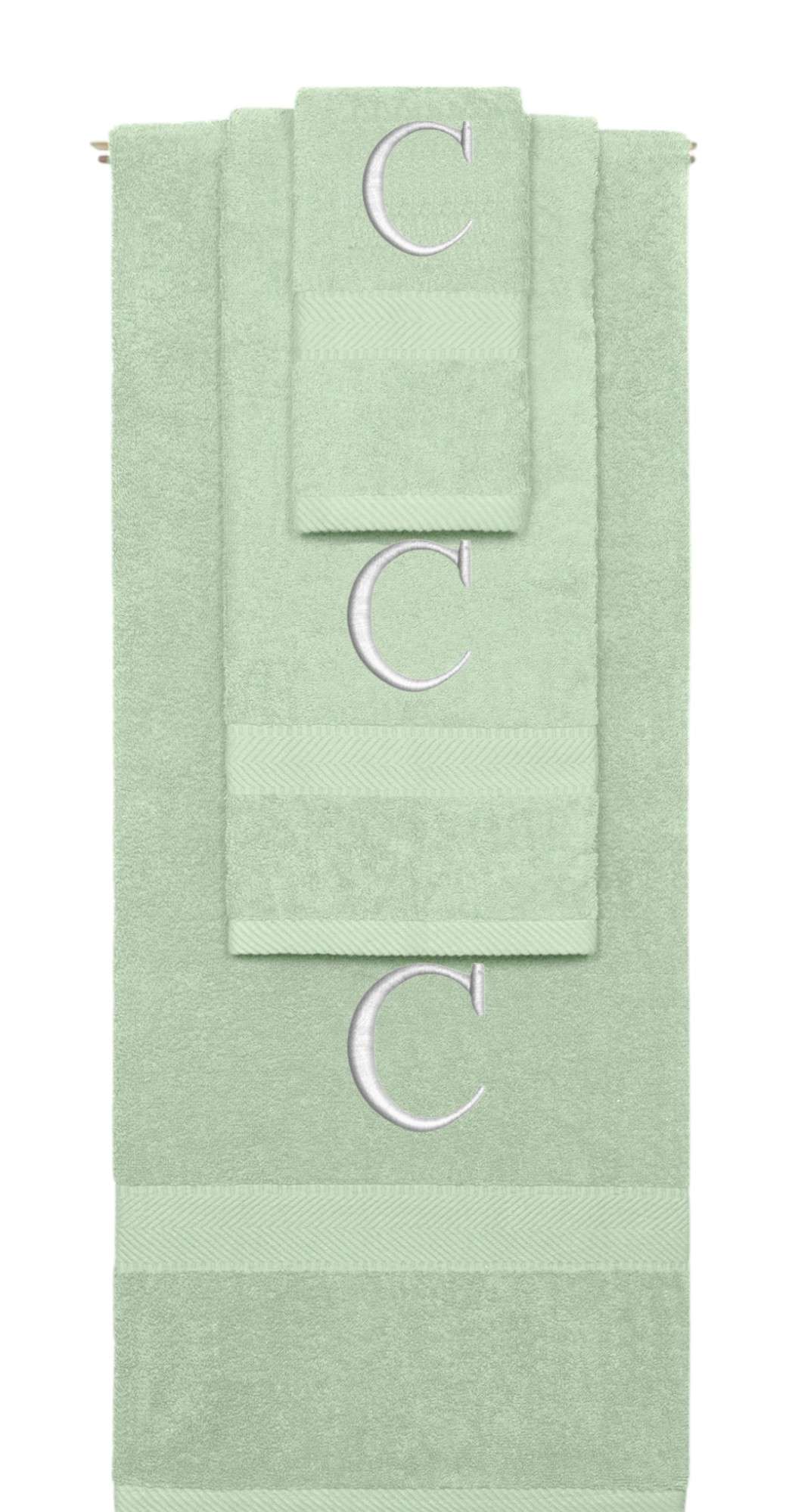 Mint Green monogrammed towel set with Silver thread, Times New Roman font, initial C - 540 GSM cotton 3-piece