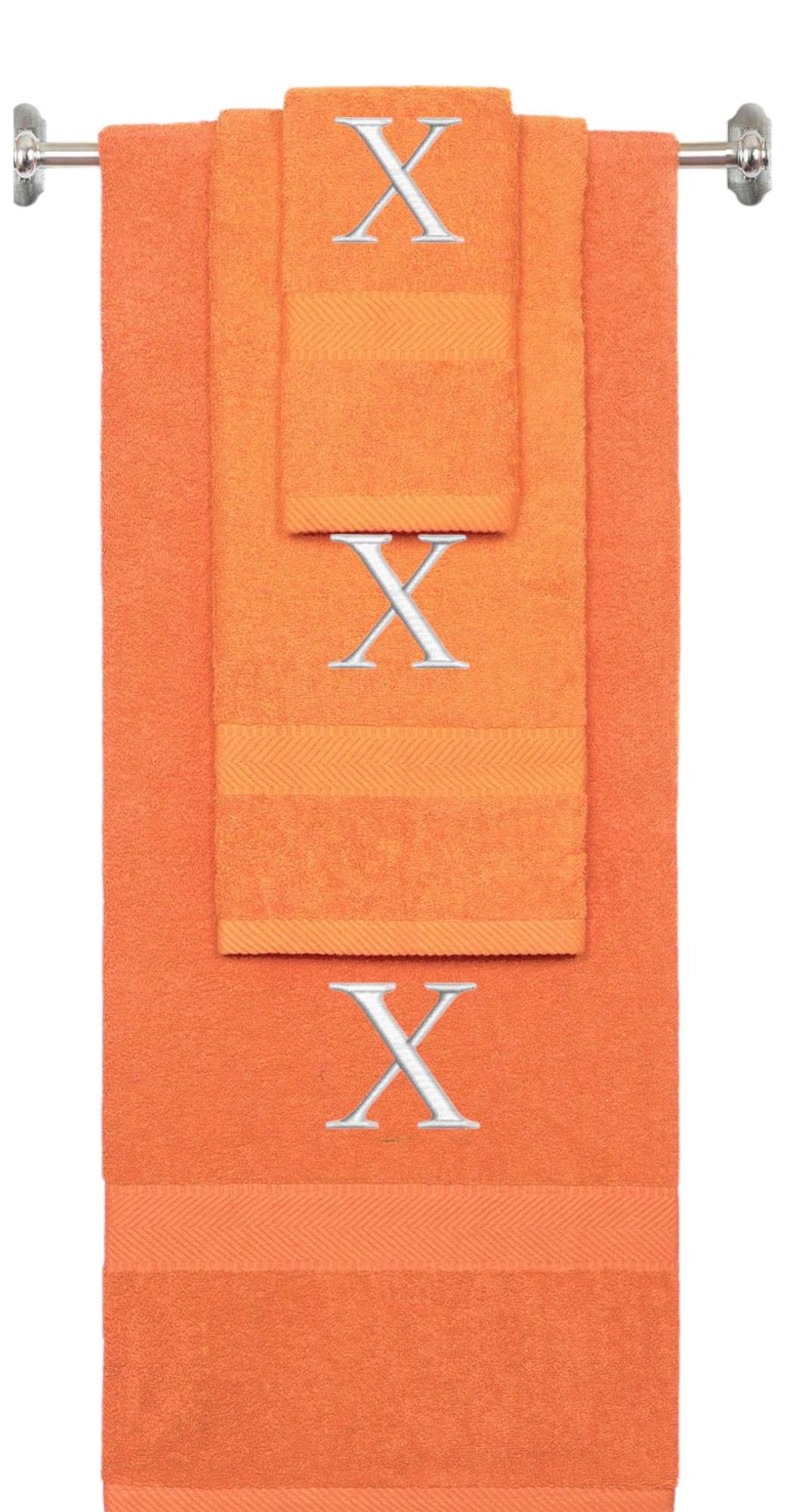 Orange monogrammed towel set with Silver thread, Times New Roman font, initial X - 540 GSM cotton 3-piece
