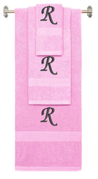 Pink monogrammed towel set with Black thread, Chancery font, initial R - 540 GSM cotton 3-piece