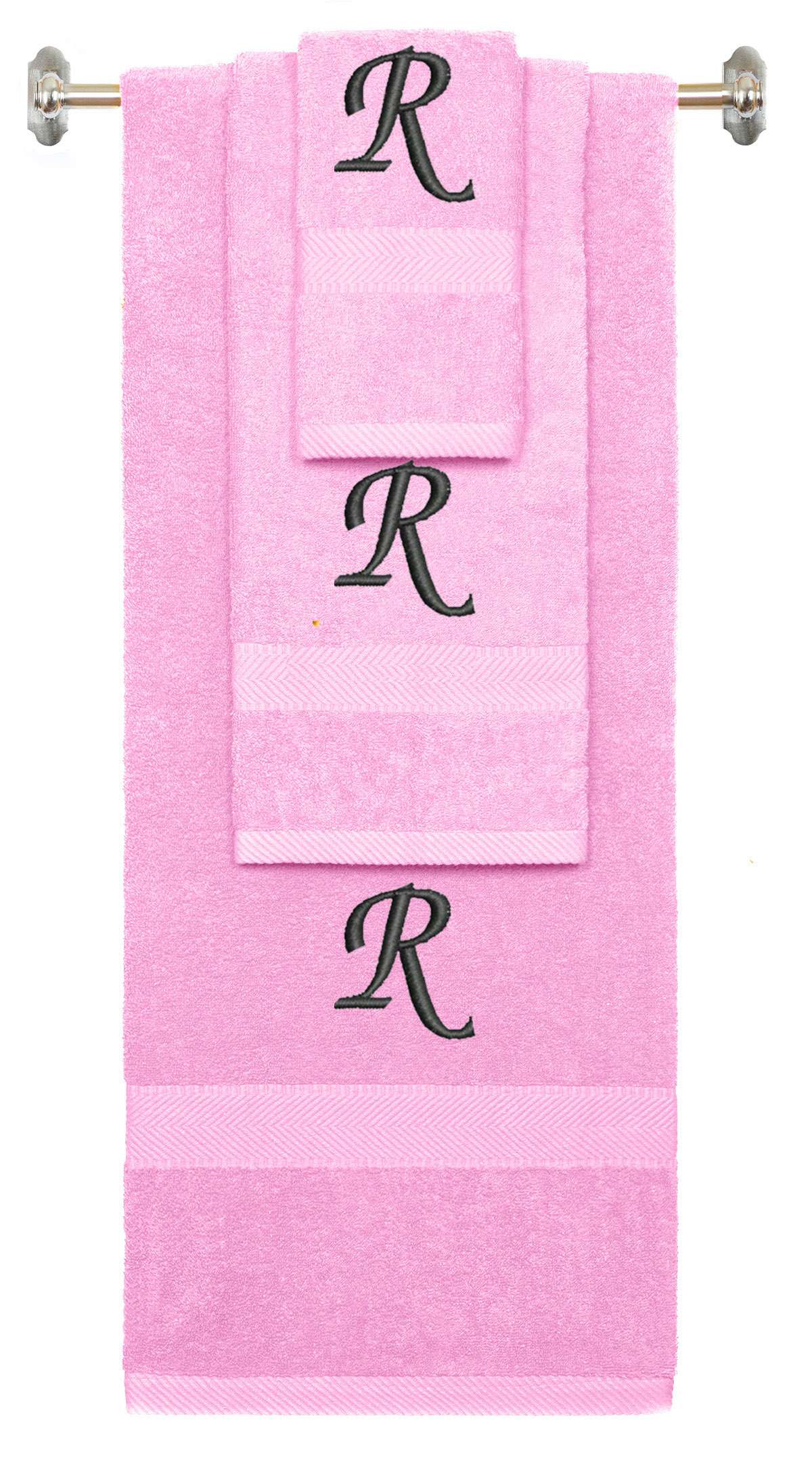 Pink monogrammed towel set with Black thread, Chancery font, initial R - 540 GSM cotton 3-piece