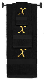 Black monogrammed towel set with Gold thread, Chancery font, initial X - 540 GSM cotton 3-piece