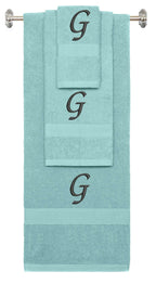 Nautical Teal monogrammed towel set with Black thread, Chancery font, initial G - 540 GSM cotton 3-piece