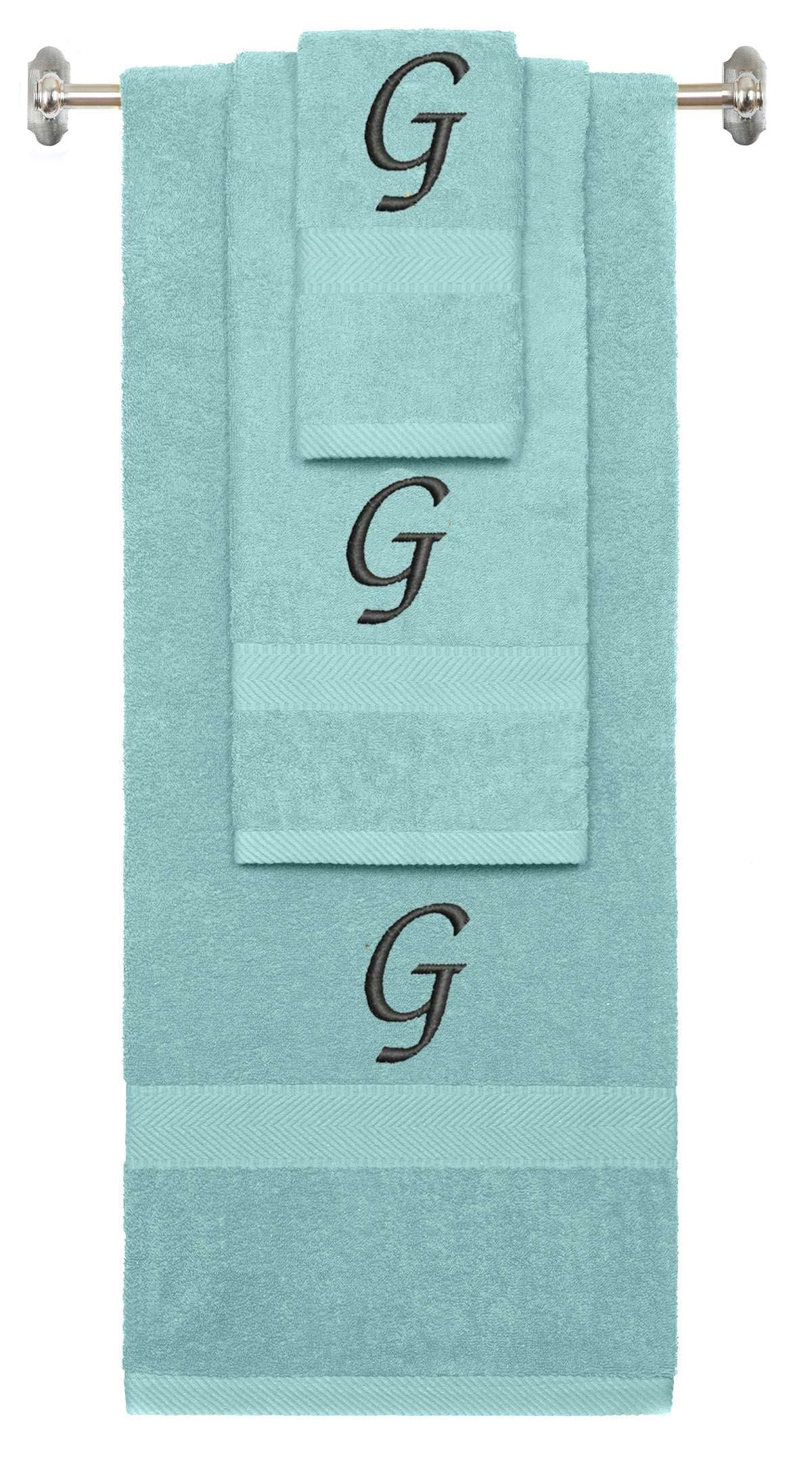 Nautical Teal monogrammed towel set with Black thread, Chancery font, initial G - 540 GSM cotton 3-piece