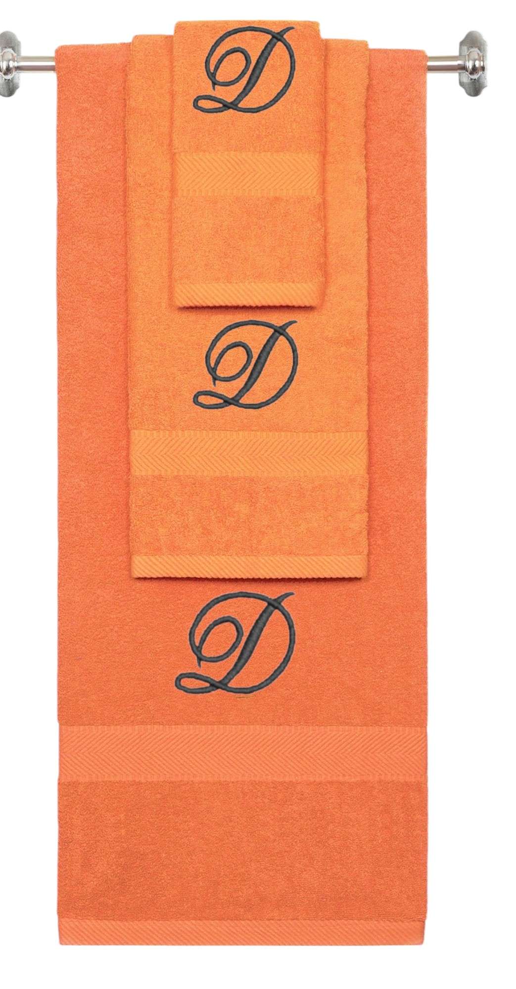 Orange monogrammed towel set with Black thread, Diana Script font, initial D - 540 GSM cotton 3-piece