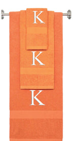 Orange monogrammed towel set with White thread, Times New Roman font, initial K - 540 GSM cotton 3-piece