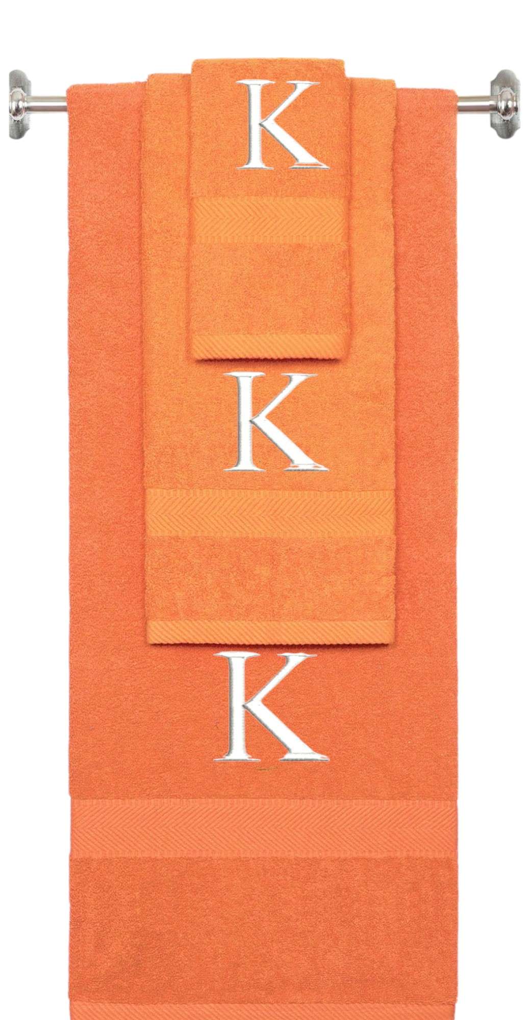 Orange monogrammed towel set with White thread, Times New Roman font, initial K - 540 GSM cotton 3-piece