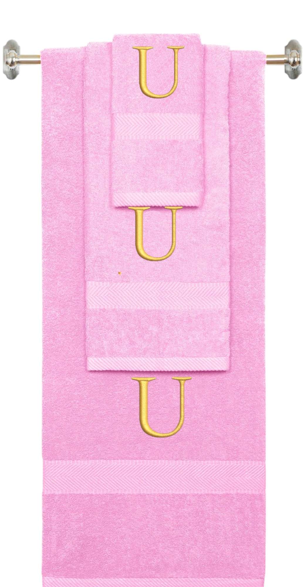 Pink monogrammed towel set with Silver thread, Times New Roman font, initial U - 540 GSM cotton 3-piece