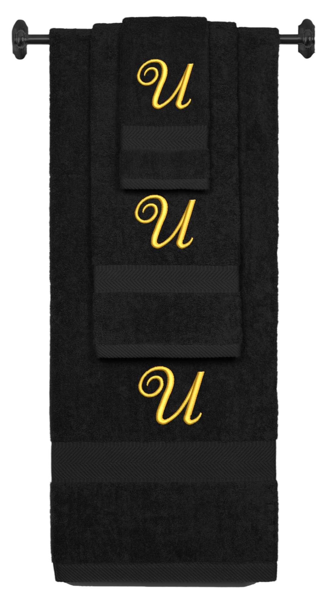 Black monogrammed towel set with Gold thread, Diana Script font, initial U - 540 GSM cotton 3-piece