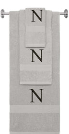Silver monogrammed towel set with Black thread, Times New Roman font, initial N - 540 GSM cotton 3-piece