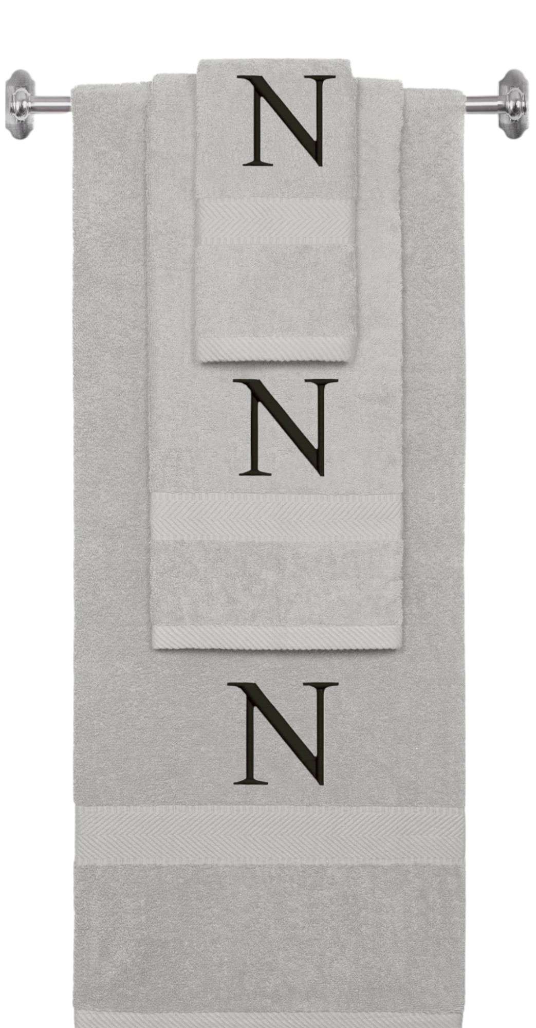 Silver monogrammed towel set with Black thread, Times New Roman font, initial N - 540 GSM cotton 3-piece