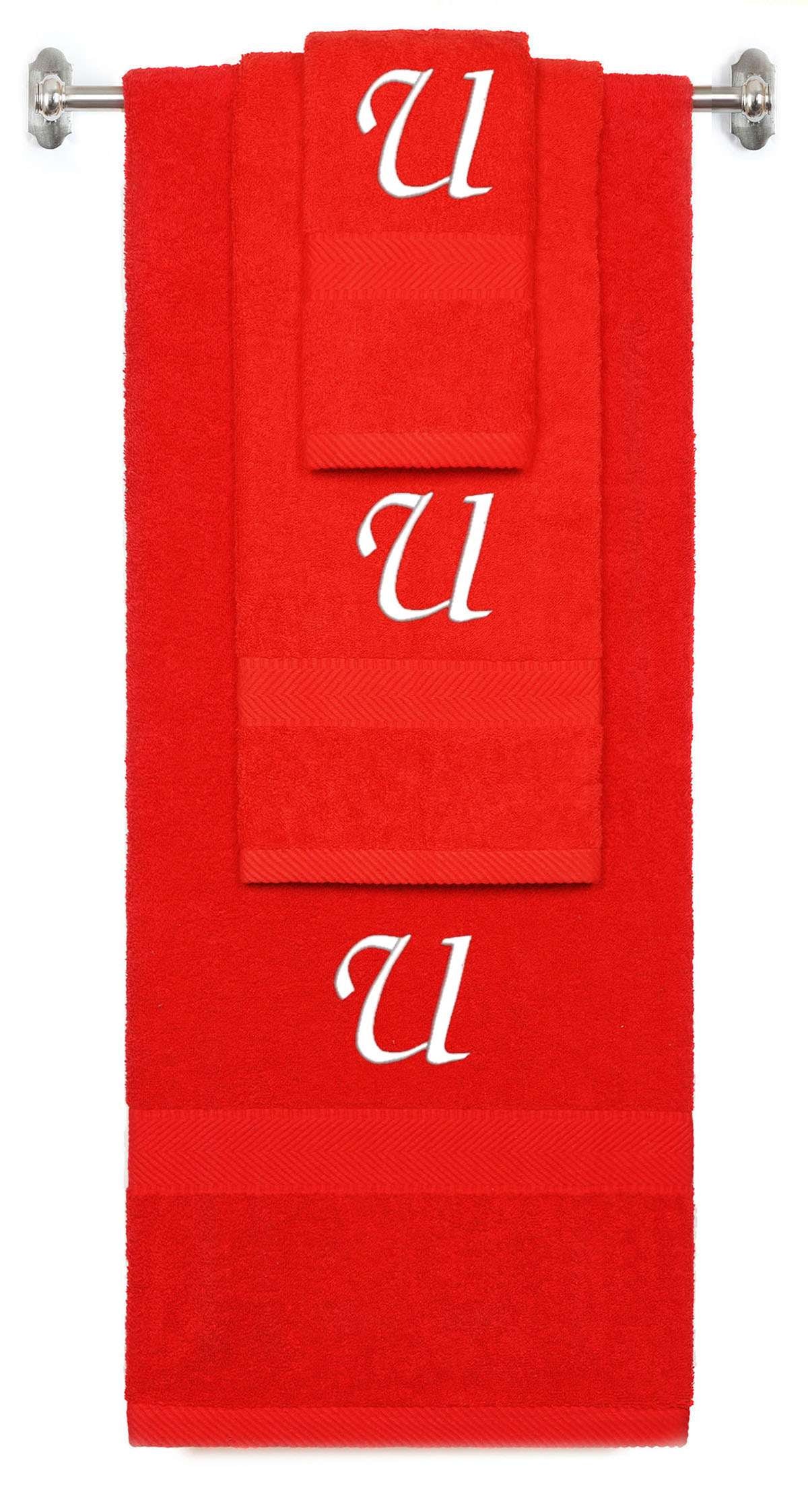 Red monogrammed towel set with White thread, Chancery font, initial U - 540 GSM cotton 3-piece