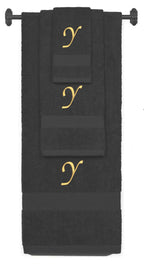 Charcoal monogrammed towel set with Gold thread, Chancery font, initial Y - 540 GSM cotton 3-piece