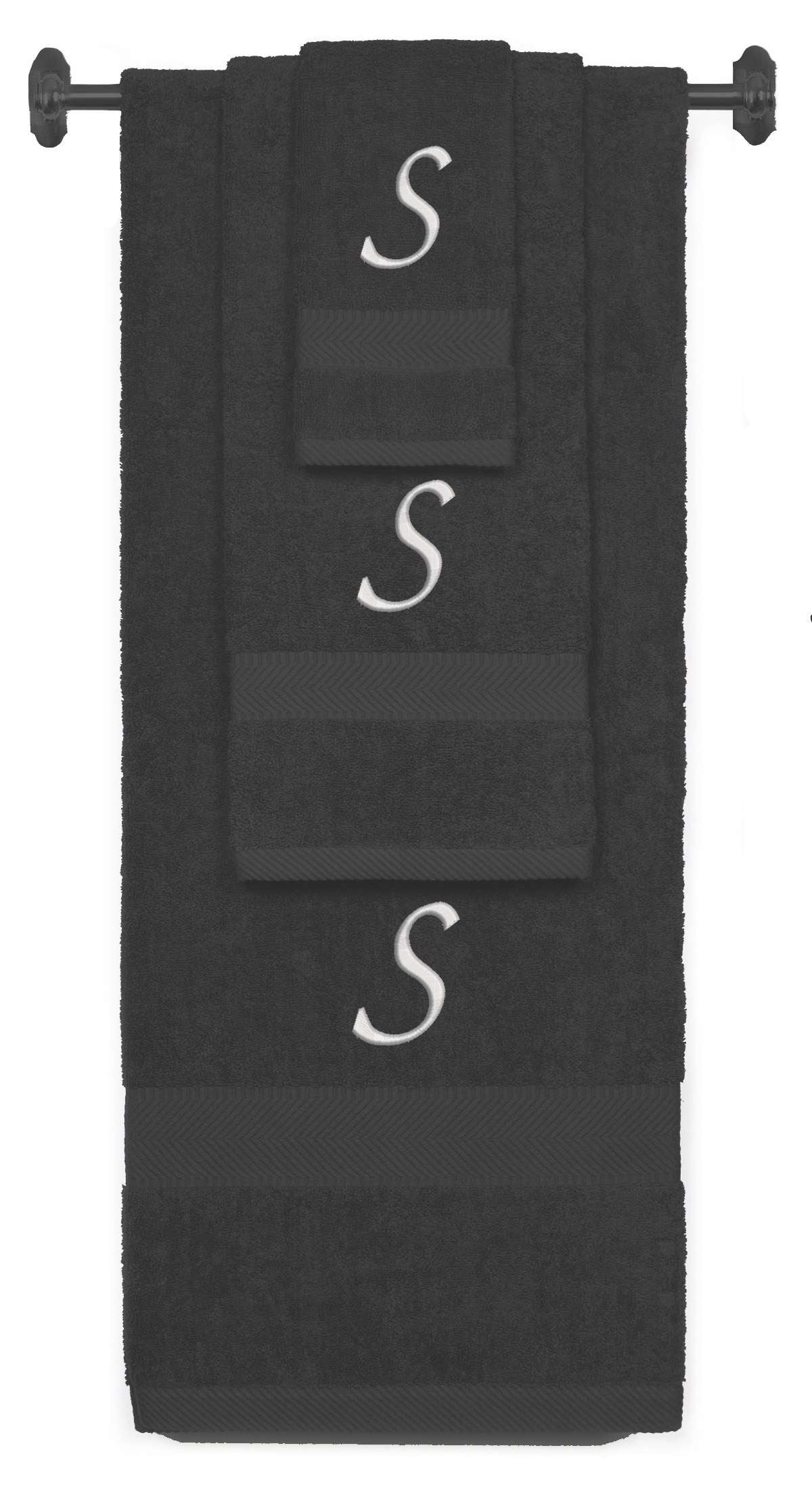Charcoal monogrammed towel set with Silver thread, Chancery font, initial S - 540 GSM cotton 3-piece