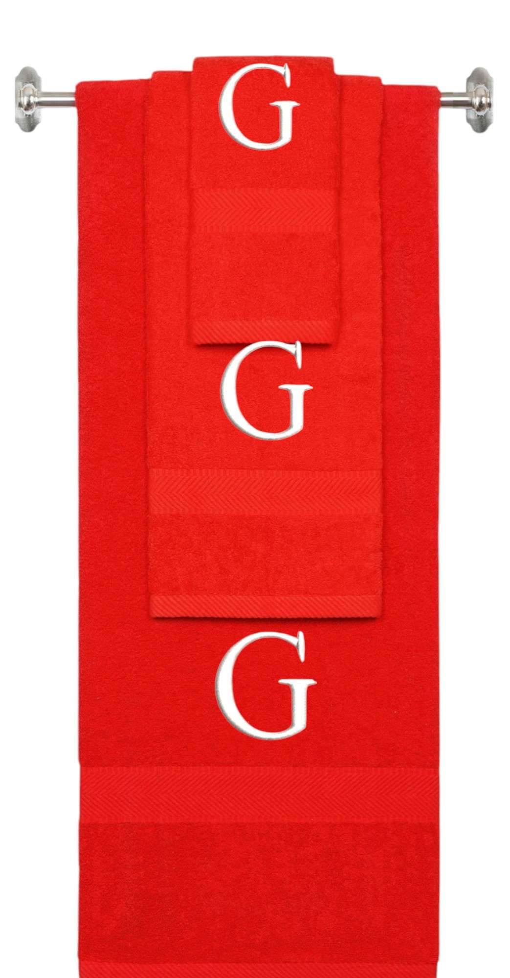 Red monogrammed towel set with White thread, Times New Roman font, initial G - 540 GSM cotton 3-piece