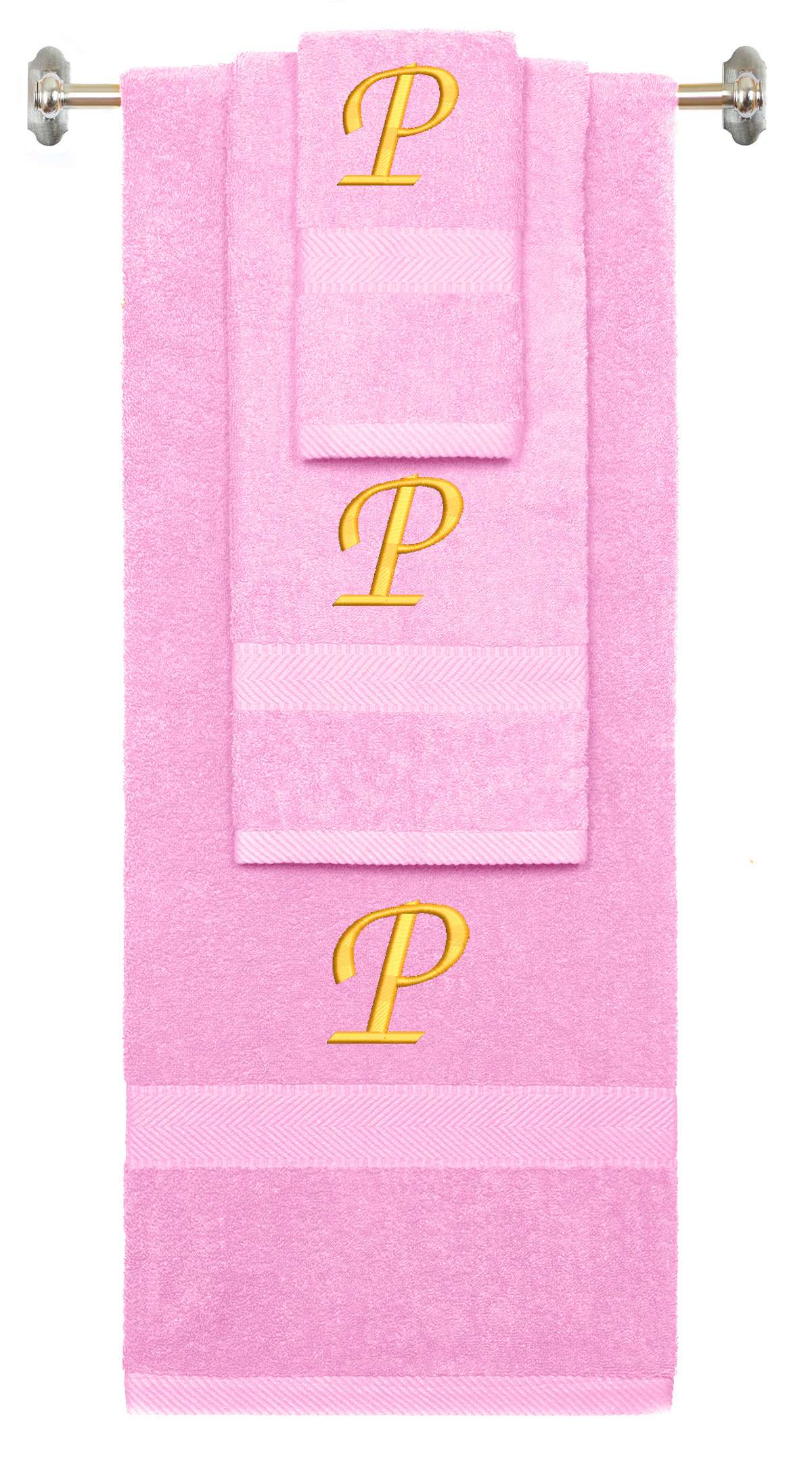 Pink monogrammed towel set with Gold thread, Chancery font, initial P - 540 GSM cotton 3-piece