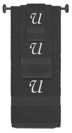 Charcoal monogrammed towel set with Silver thread, Chancery font, initial U - 540 GSM cotton 3-piece