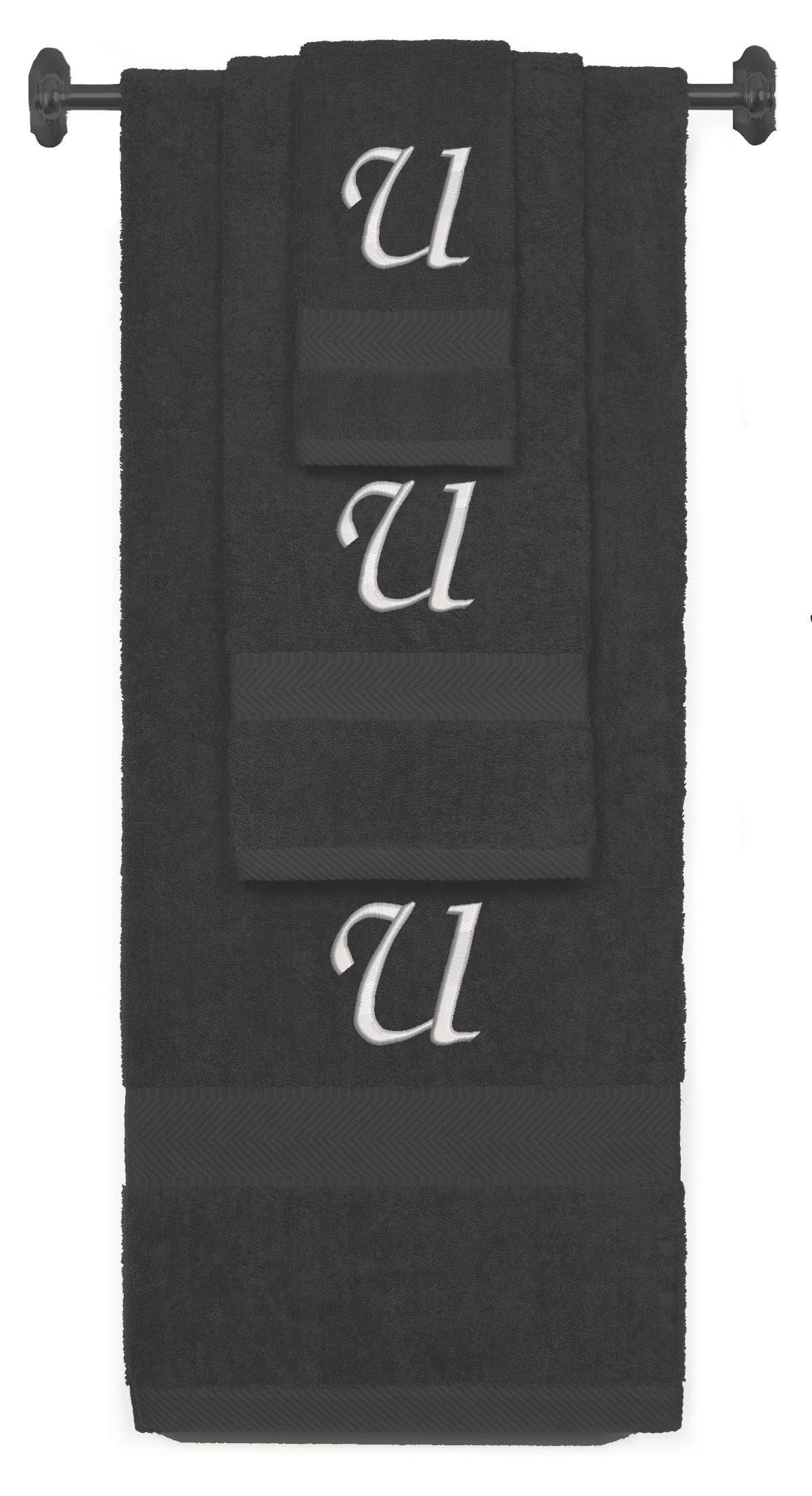 Charcoal monogrammed towel set with Silver thread, Chancery font, initial U - 540 GSM cotton 3-piece