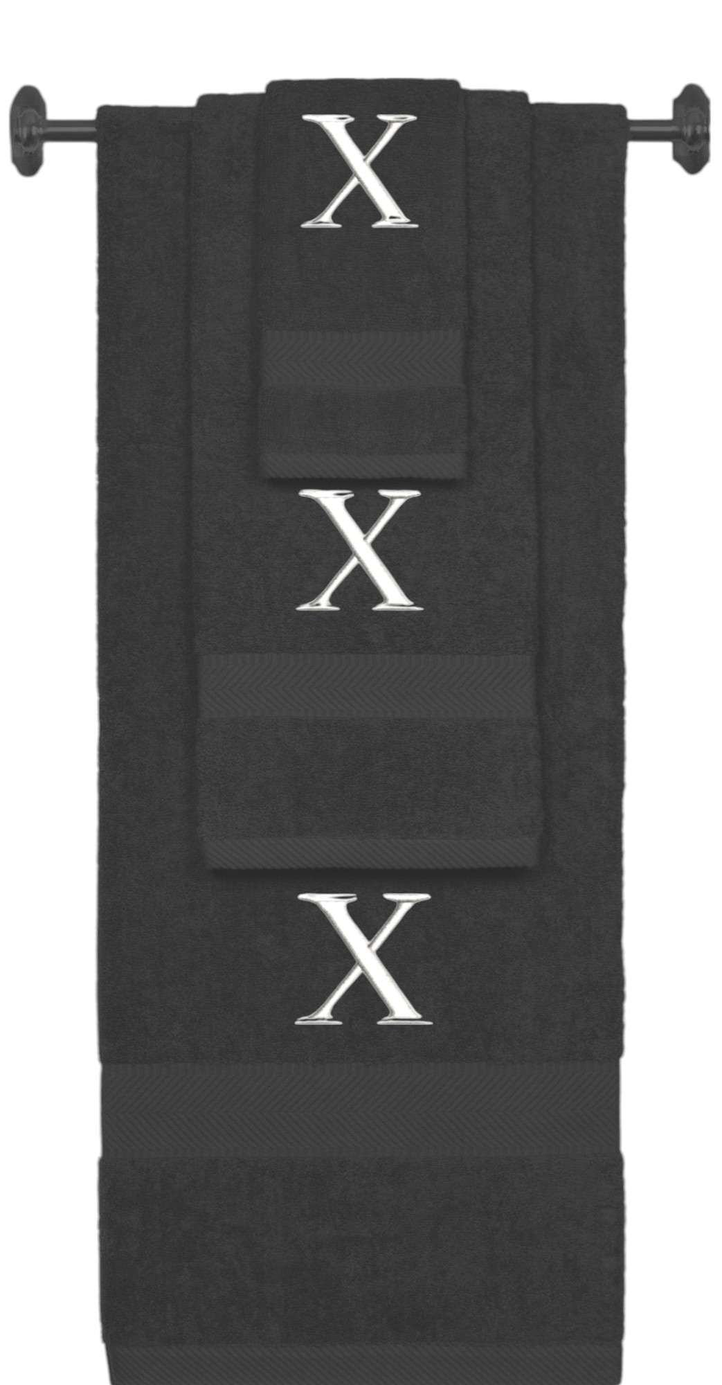 Charcoal monogrammed towel set with White thread, Times New Roman font, initial X - 540 GSM cotton 3-piece