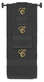 Charcoal monogrammed towel set with Gold thread, Diana Script font, initial C - 540 GSM cotton 3-piece