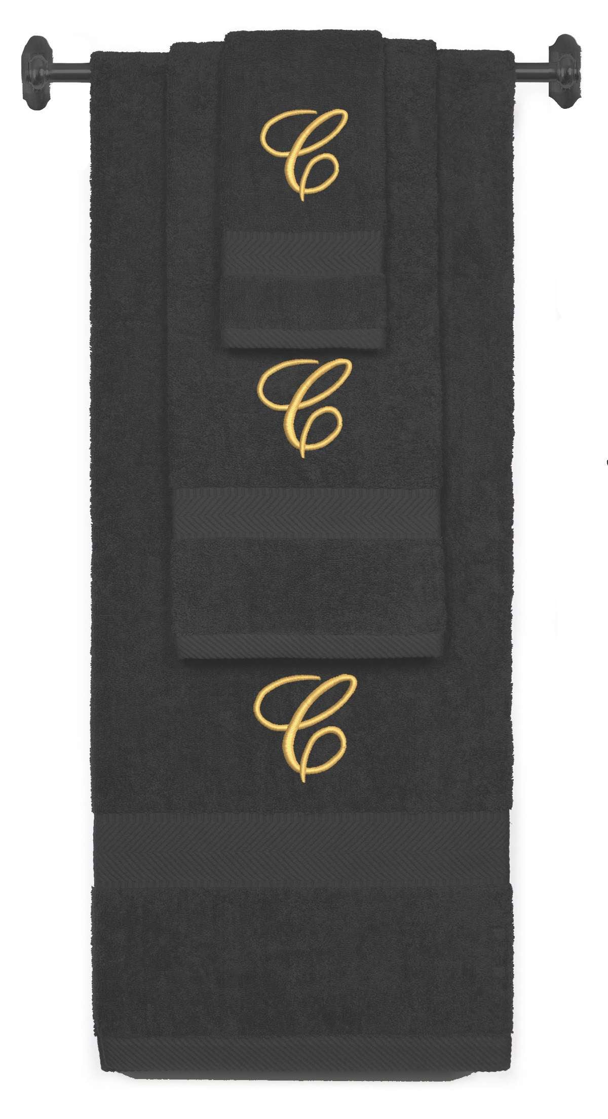 Charcoal monogrammed towel set with Gold thread, Diana Script font, initial C - 540 GSM cotton 3-piece