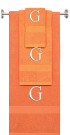 Orange monogrammed towel set with Silver thread, Times New Roman font, initial G - 540 GSM cotton 3-piece