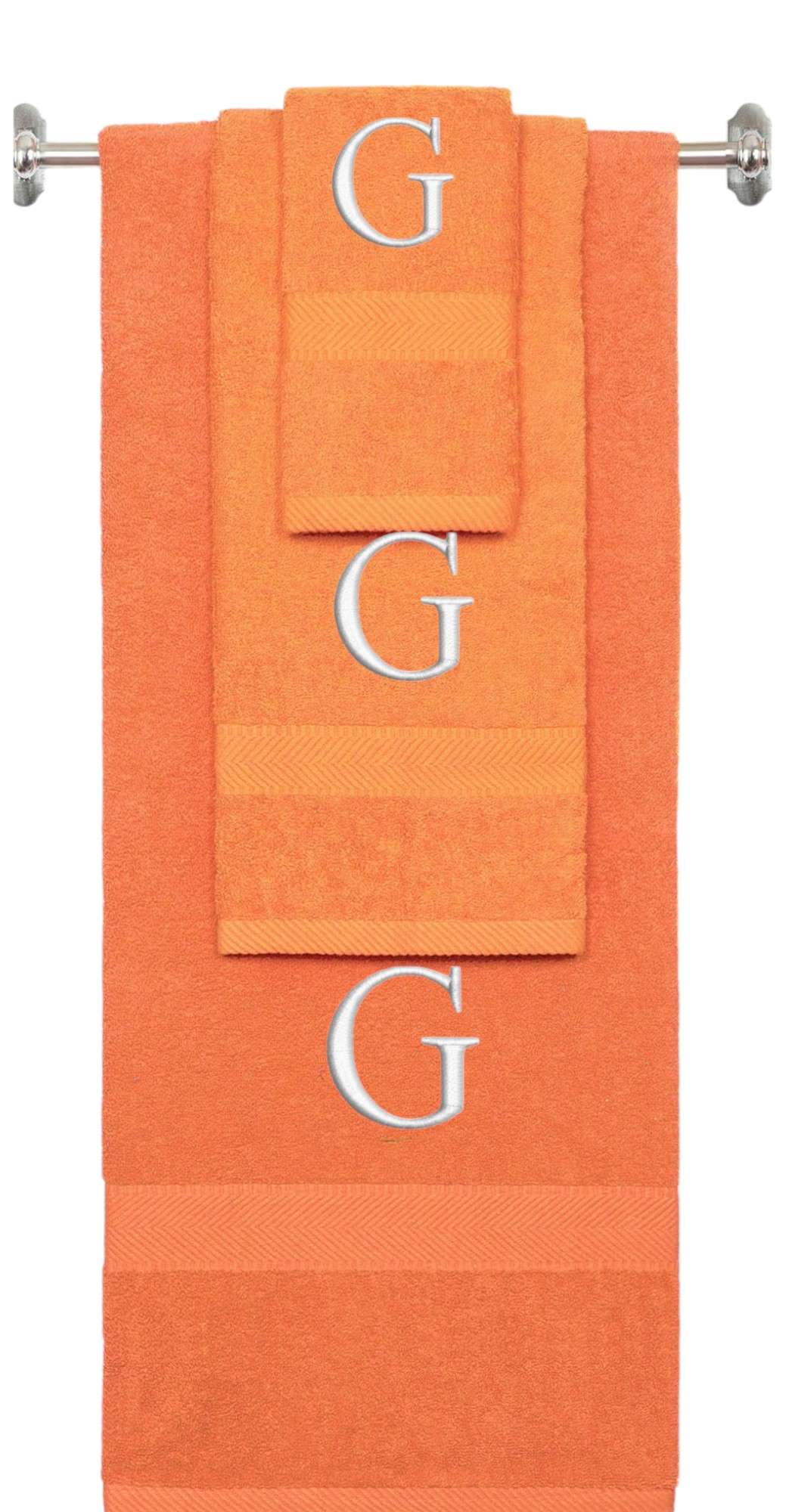 Orange monogrammed towel set with Silver thread, Times New Roman font, initial G - 540 GSM cotton 3-piece