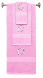 Pink monogrammed towel set with Silver thread, Chancery font, initial O - 540 GSM cotton 3-piece