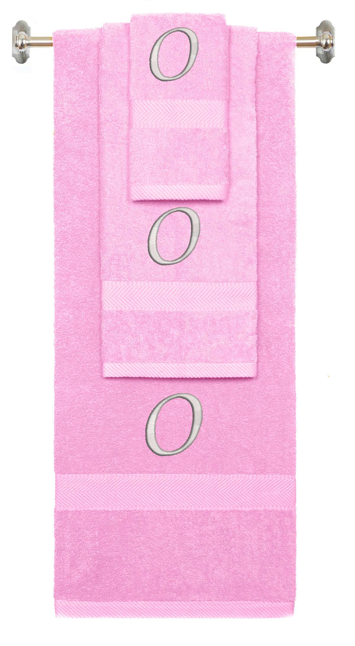 Pink monogrammed towel set with Silver thread, Chancery font, initial O - 540 GSM cotton 3-piece