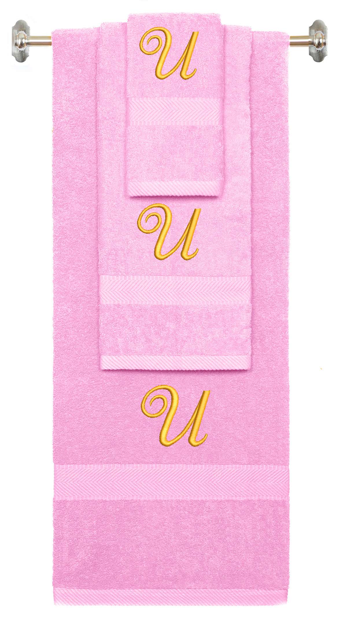 Pink monogrammed towel set with Gold thread, Diana Script font, initial U - 540 GSM cotton 3-piece