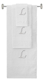 White monogrammed towel set with Silver thread, Chancery font, initial L - 540 GSM cotton 3-piece