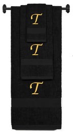 Black monogrammed towel set with Gold thread, Chancery font, initial T - 540 GSM cotton 3-piece
