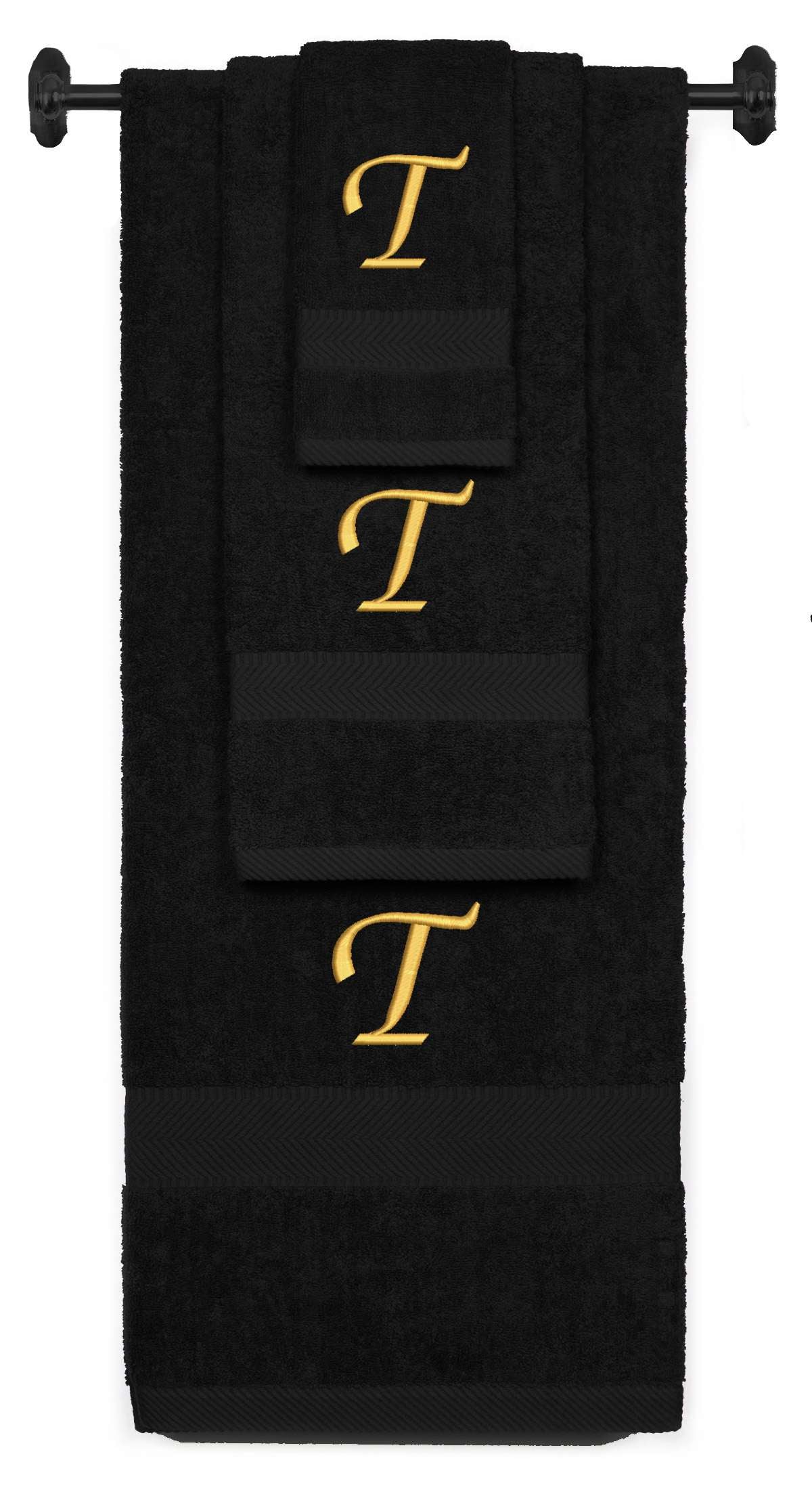 Black monogrammed towel set with Gold thread, Chancery font, initial T - 540 GSM cotton 3-piece